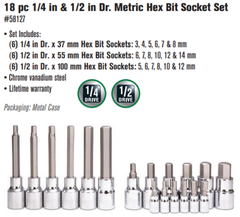 18 pc 1/4 in & 1/2 in Dr. Metric Hex Bit Socket Set 58127