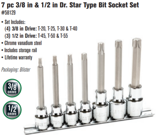 7 pc 3/8 in & 1/2 in Dr. Star Type Bit Socket Set 58129