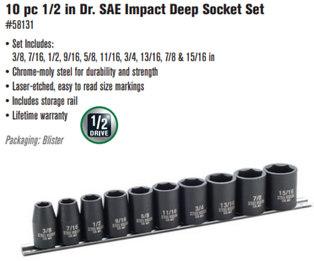 10 pc 1/2 in Dr. SAE Impact Deep Socket Set 58131