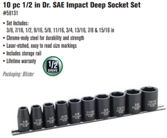 10 pc 1/2 in Dr. SAE Impact Deep Socket Set 58131